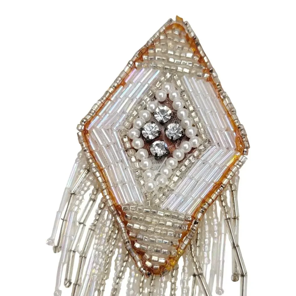 Vintage Beaded Diamond Fringe Applique Tassel Bridal Rhinestone Pearl Patch